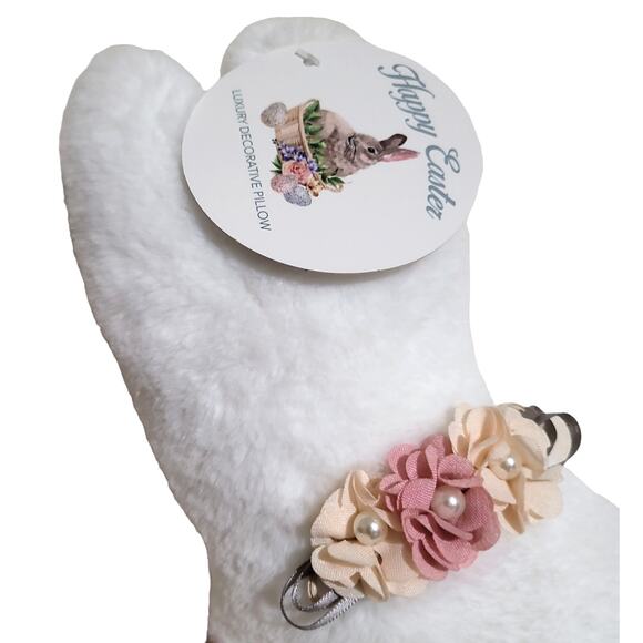 Bunny Shaped Pillow with Bow Decorative Plush Throw, White 14"x16", Easter Decor - Picture 3 of 5